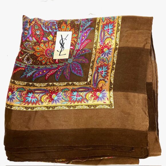 Yves Saint Laurent 100% SilkChiffon/Satin Scarf 42" Brown Red Green Floral ( 29 - Picture 4 of 15